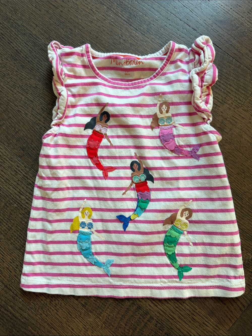 Mini Boden Girls' Pink Stripe Mermaid Appliqué Top - size 5-6Y